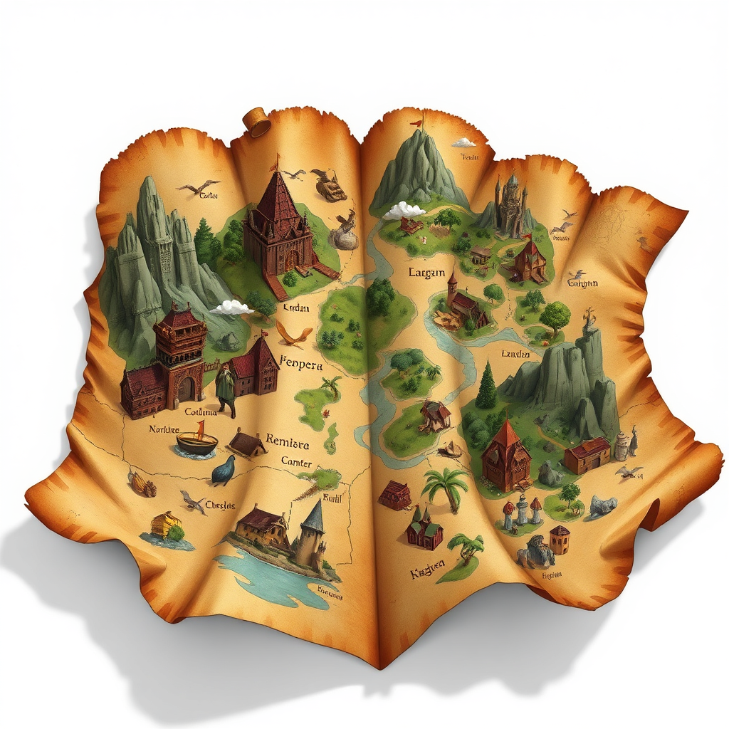Create a stylized image of a map unfolding to reveal various fantastical landscapes and characters representing different book genres. The map should have an aged parchment texture and be filled with intricate details. Use a warm color palette with hints of gold and brown to create a sense of adventure and discovery.