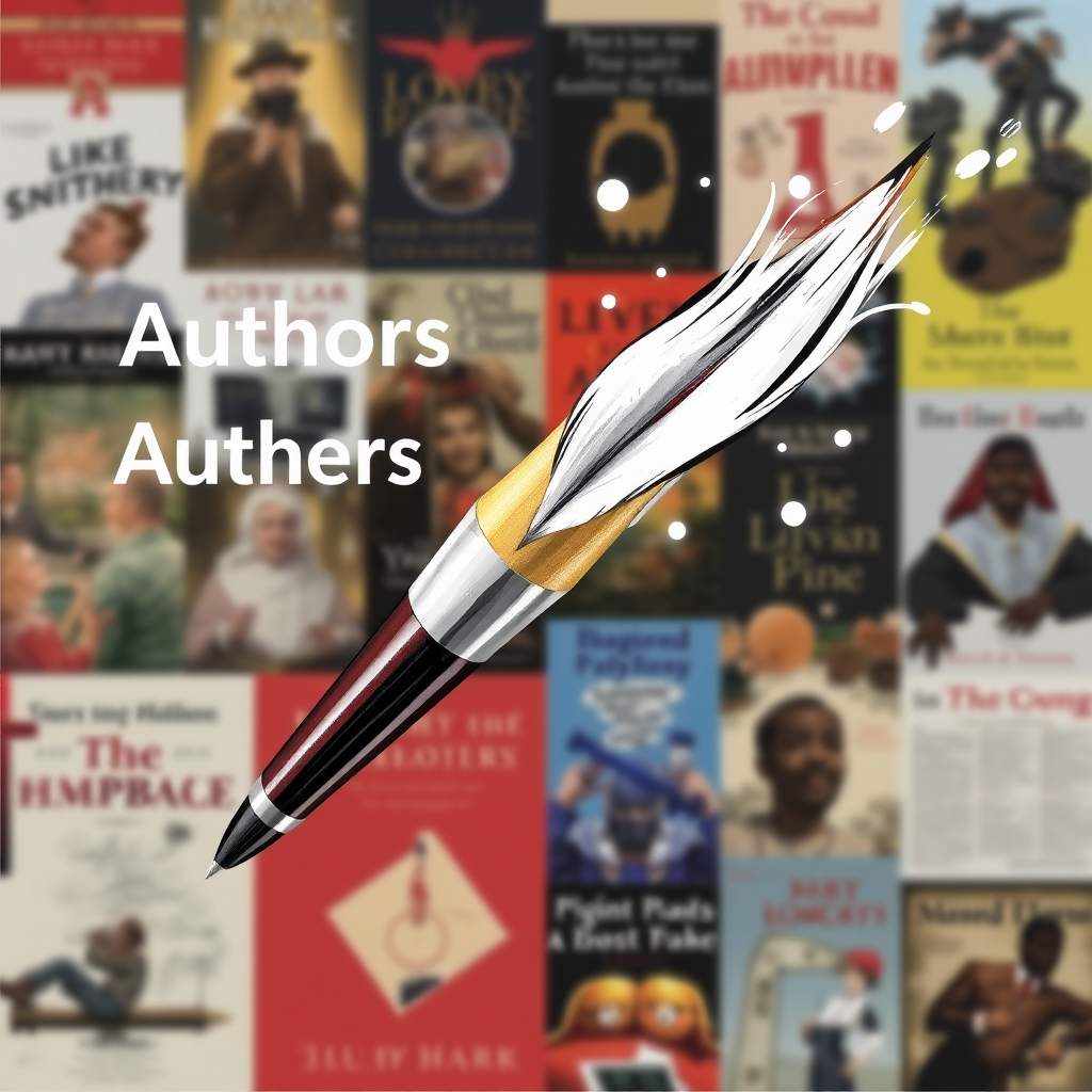Create a stylized image of a pen transforming into a digital brush, symbolizing the power of authors to create and share their stories on bivaMEDIABOOKS. The background should feature a collage of book covers and writing tools, representing the creative process.