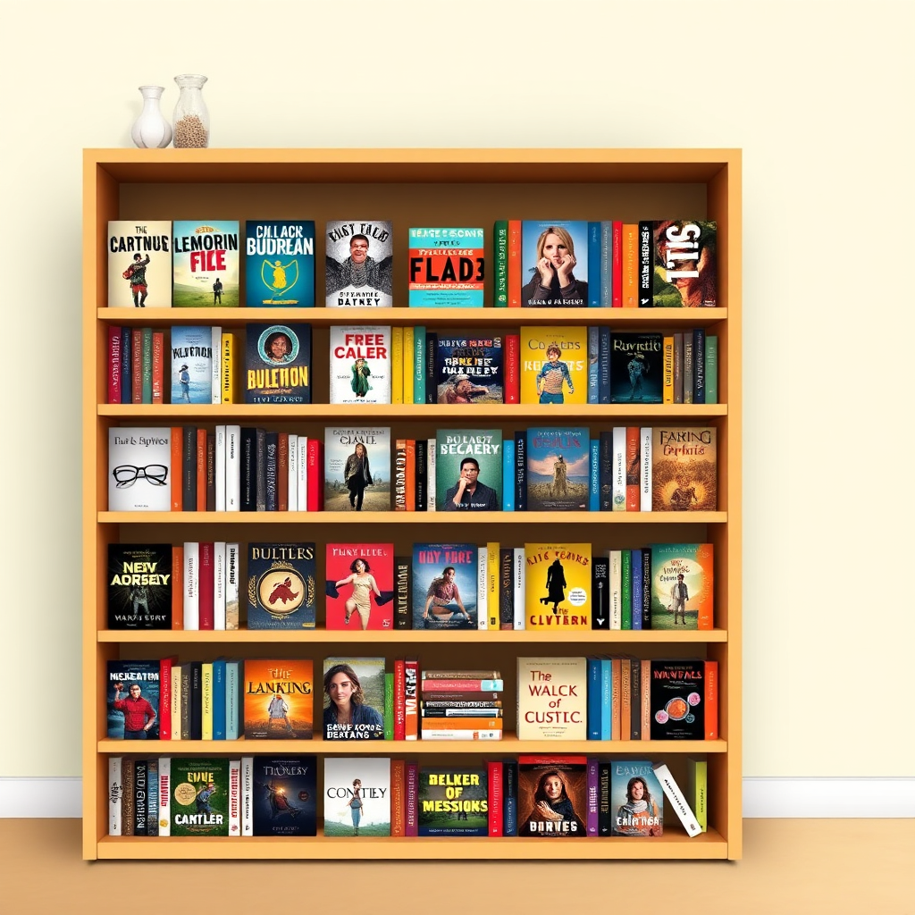 Create an image showcasing a digital bookshelf filled with vibrant book covers, representing the vast selection available on bivaMEDIABOOKS. The bookshelf should have a modern and clean design.