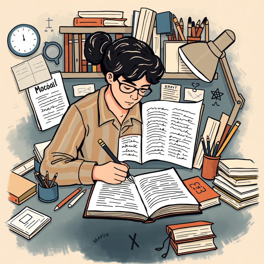 Create an image showcasing a writer working on a digital manuscript, with various tools and resources surrounding them. The scene should convey a sense of creativity and empowerment.