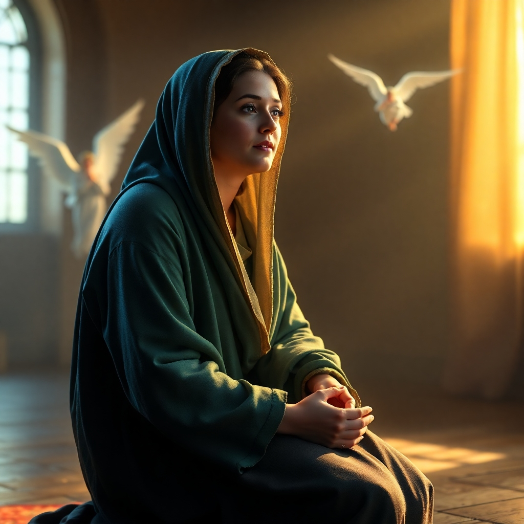 A beautiful depiction of Mary, with an expression of wonder, kneeling in a softly lit room, surrounded by glowing light and a gentle wind. Angelic figures are faintly visible in the background, symbolizing the divine presence.
