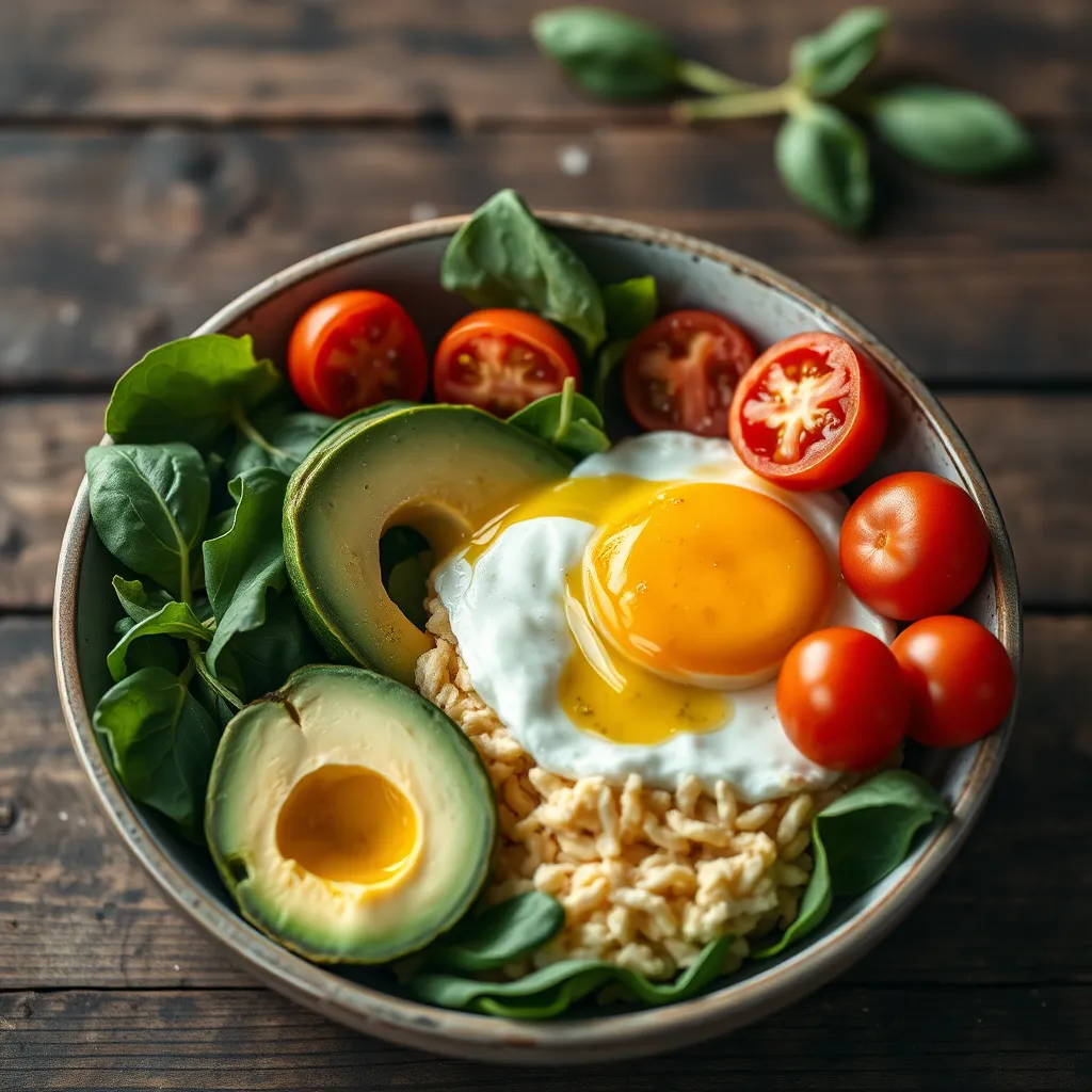 A beautifully arranged breakfast bowl filled with scrambled eggs, sliced avocado, cherry tomatoes, and fresh spinach. The bowl is set on a rustic wooden table, with a light drizzle of olive oil and salt, capturing the vibrant colors and textures of the ingredients.