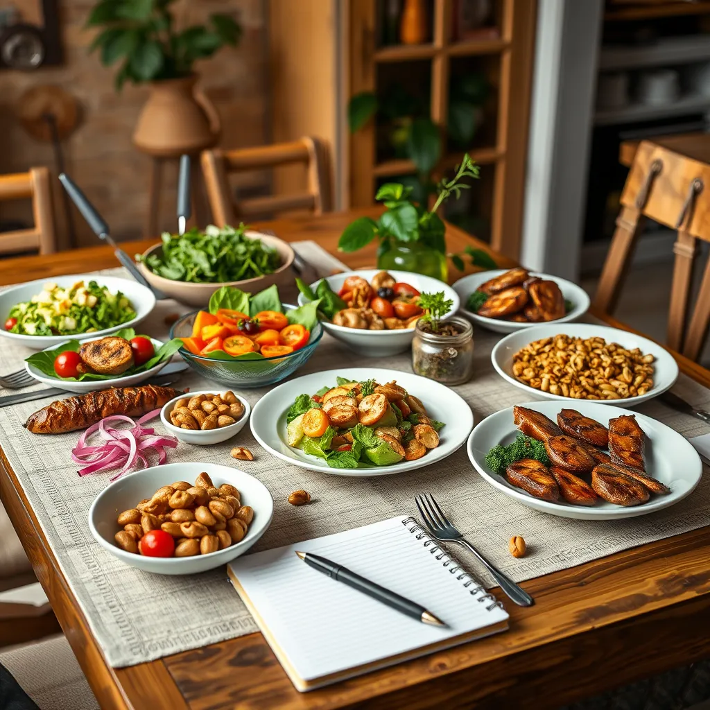 A beautifully arranged table set for a low carb meal, showcasing a colorful variety of dishes. Include whole foods like salads, grilled meats, and nuts, with a notebook and pen for meal planning, in a cozy home environment.