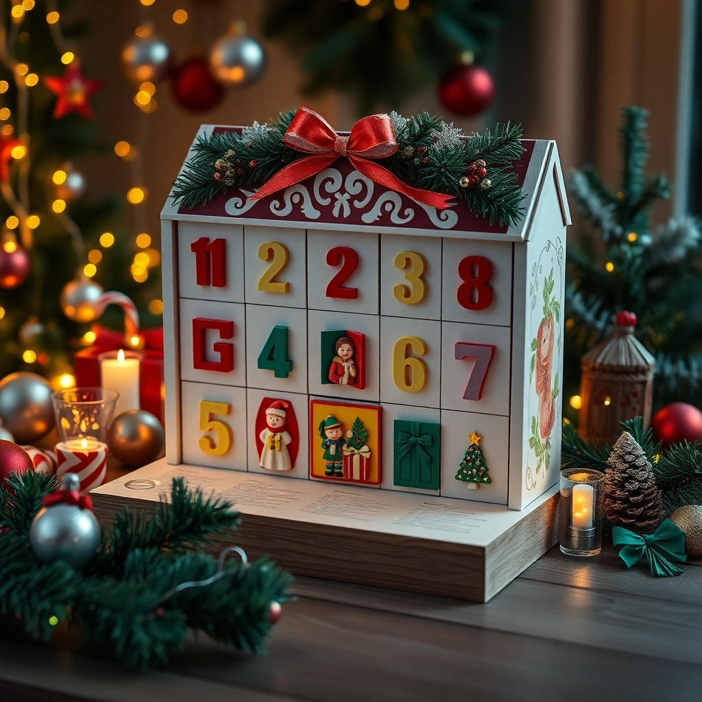 A beautifully crafted Advent calendar displayed on a wooden table, showcasing colorful doors ready to be opened, surrounded by holiday decorations like ornaments and twinkling lights, capturing the essence of Christmas anticipation.