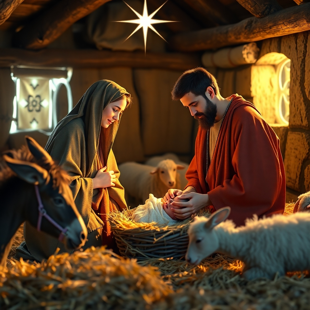 A beautifully lit nativity scene in a rustic stable, with Mary and Joseph gazing lovingly at baby Jesus in a manger. Soft hay surrounds them, and gentle animals like a donkey and sheep are present, with a star shining brightly above.