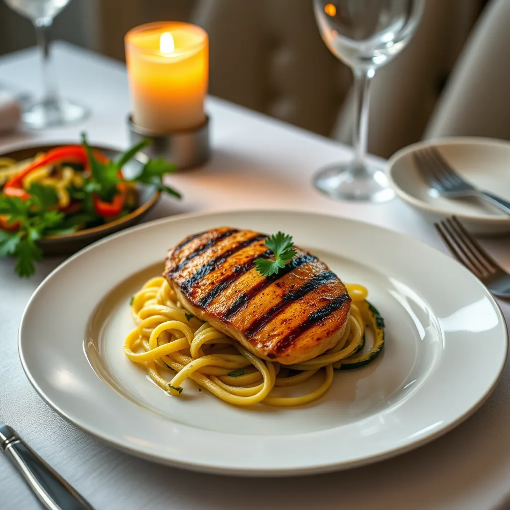 A beautifully plated dinner featuring grilled chicken breast with a side of spiralized zucchini noodles and sautéed bell peppers, garnished with fresh parsley. The setting is an elegantly set dining table, with a candle and soft lighting for ambiance.