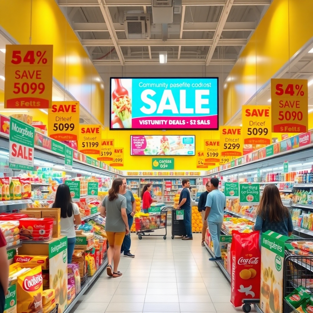 A bright and engaging supermarket promotional display showcasing various discounted products with large sale signs. Shoppers are excitedly gathering around the display, while a digital screen above highlights community-specific deals.