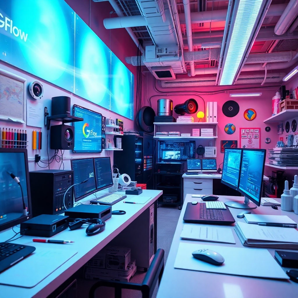 A bright, stylized image of a futuristic digital workspace filled with advanced hardware and creative materials. The scene emphasizes the integration of AI, with holographic elements representing Google Flow interfaces. The lighting should be ambient and futuristic, using cool colors such as blues and silvers. A wide angle captures the entire workspace, highlighting the seamless blend of technology and creativity.