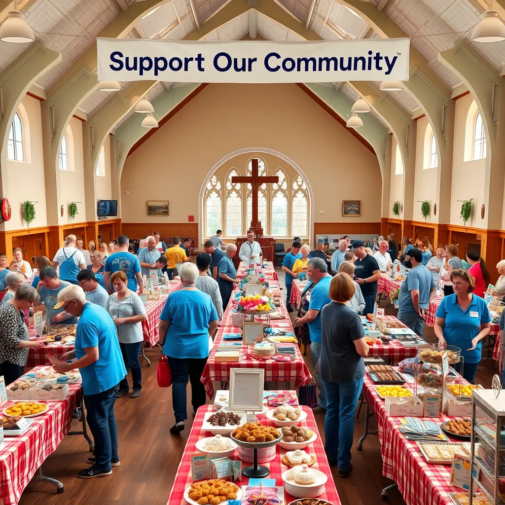A bustling church hall filled with tables showcasing baked goods and handmade crafts for a charity fundraiser. Volunteers are interacting with attendees, and a banner above reads 'Support Our Community'. Bright colors and cheerful faces create an inviting atmosphere.