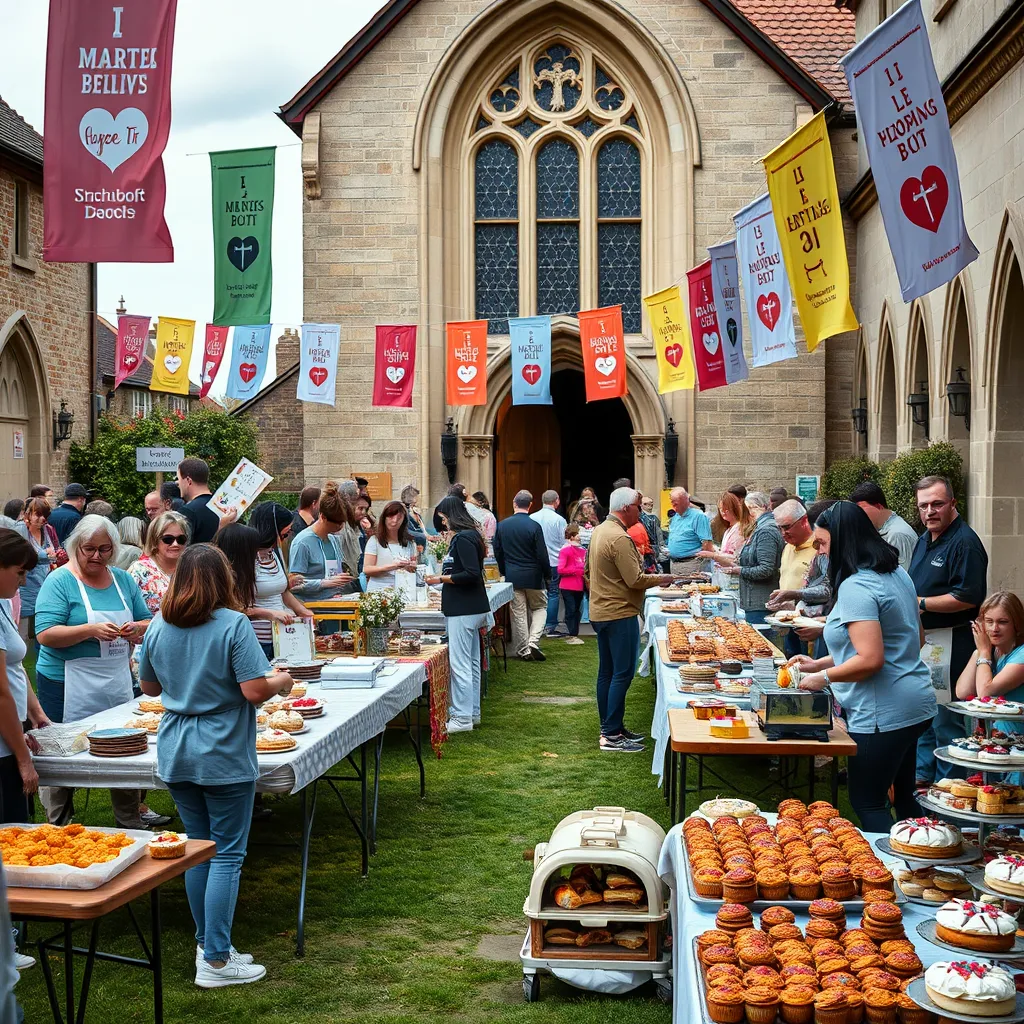 A bustling church yard during a charity bake sale, with tables covered in homemade cakes and pastries. Volunteers of different ages are serving items to happy customers. Colorful banners promoting the cause flutter in the breeze, creating an atmosphere of community and goodwill.
