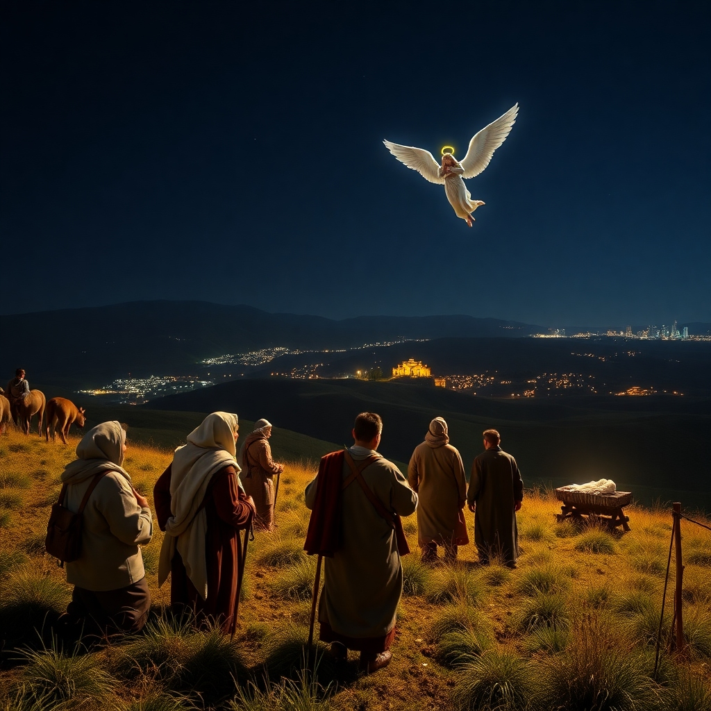 A bustling hillside scene at night showcasing shepherds in humble attire, gazing in awe at an angelic figure delivering a message. A distant view of Bethlehem shines in the background, with a bright spotlight on the manger.