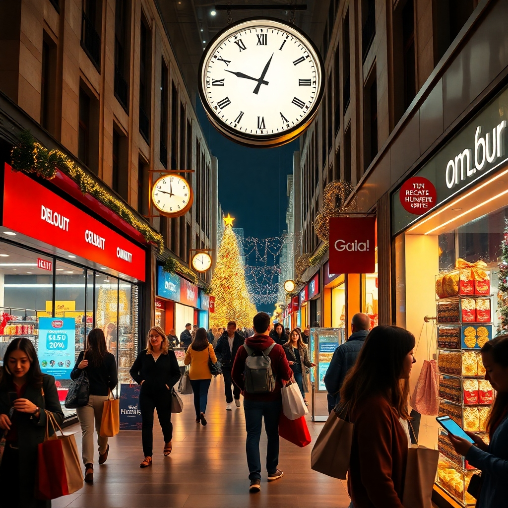 A bustling shopping scene at night, showcasing a clock striking midnight, with illuminated storefronts announcing discounts. Shoppers, some carrying bags, are eagerly entering stores, while others are shopping online on laptops and smartphones, with a festive holiday backdrop.