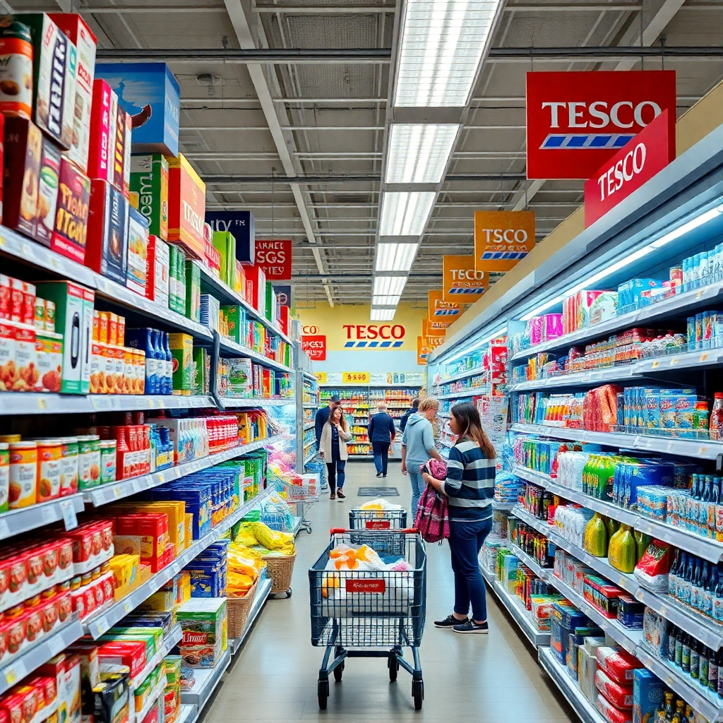 A bustling Tesco supermarket aisle filled with a diverse selection of products, showcasing colorful packaging of groceries, household items, and electronics, with customers picking items and shopping carts, in a well-lit and organized environment.