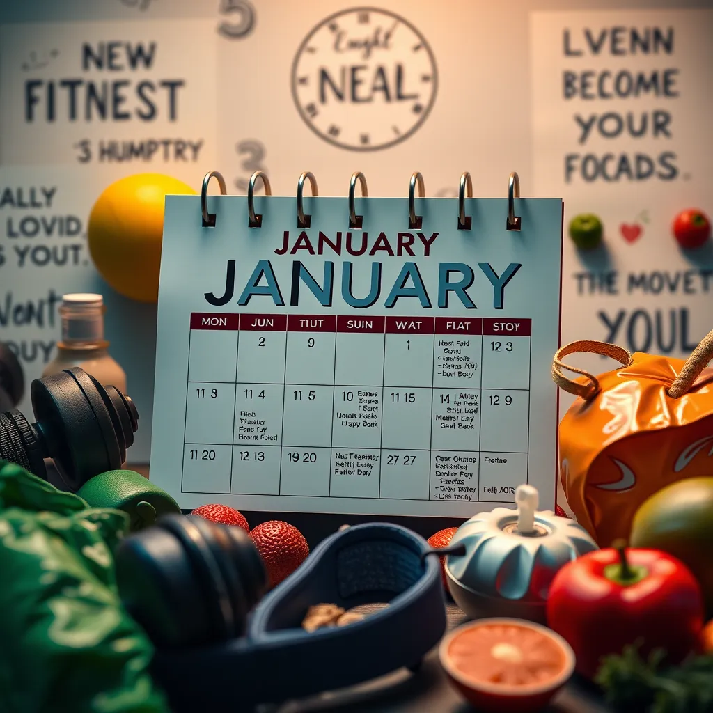 A calendar showing January marked with fitness-related events, surrounded by gym gear, healthy foods, and motivational quotes, symbolizing the seasonal turning point for weight loss efforts after New Year's resolutions.
