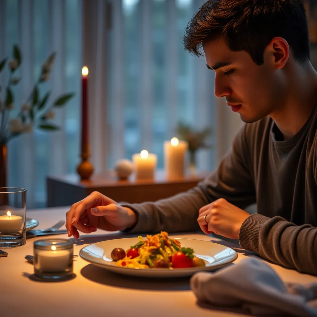 A calm dining scene where an individual is sitting at a table with a beautifully plated dish, focusing on the meal without distractions. The setting includes soft lighting, a few candles, and serene decorations, illustrating the concept of mindfulness in eating.