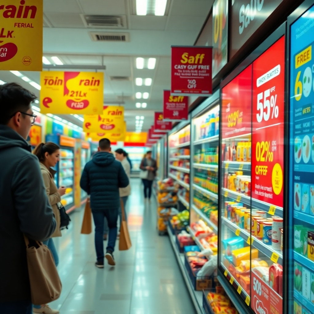 A captivating photorealistic scene of a supermarket aisle lined with vibrant promotional banners and colorful price tags. Shoppers are seen happily checking prices on products, while a digital display shows current discounts and special offers prominently.