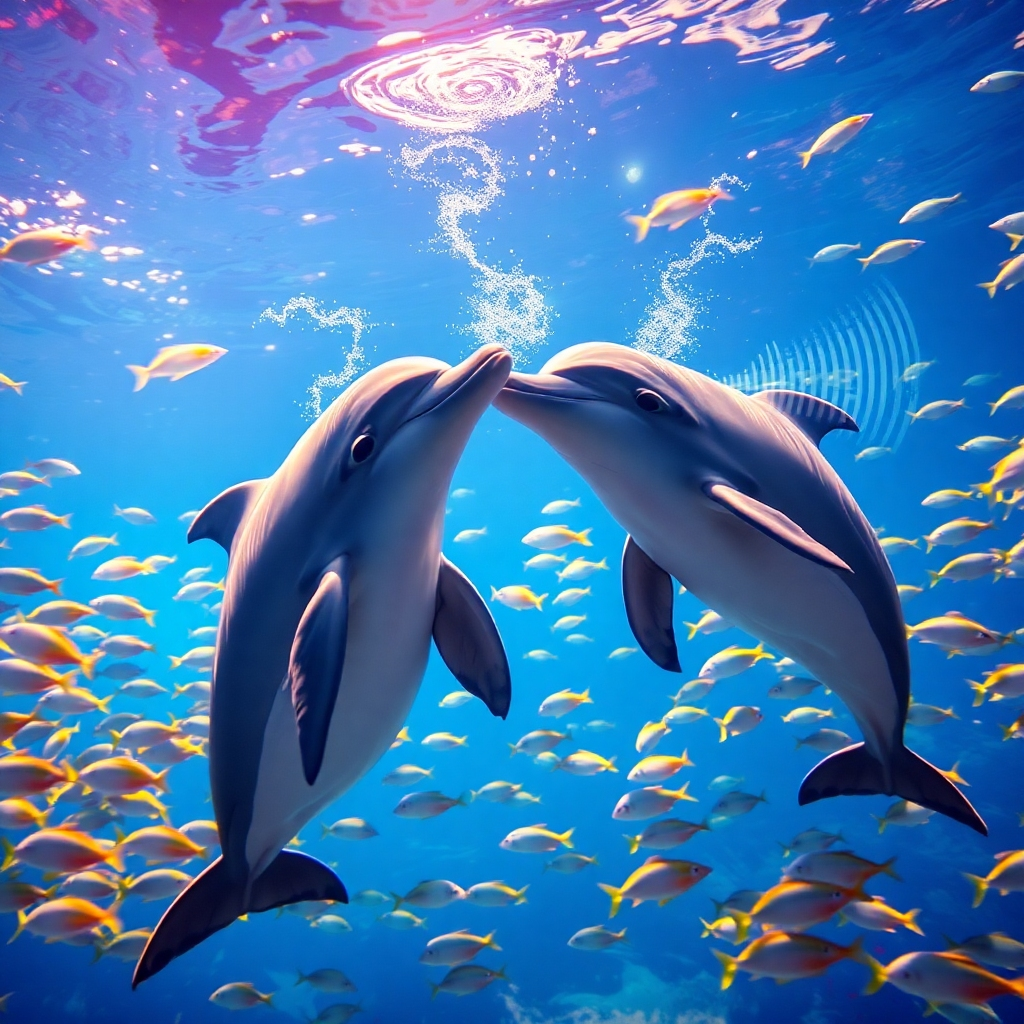 A captivating underwater scene showcasing dolphins communicating, with visuals of sound waves positively interacting with an AI interface. The lighting is bright and colorful, highlighting the underwater beauty and the innovative technology at work. Schools of fish surround the dolphins, providing a vibrant backdrop that captures the harmony between nature and technology.