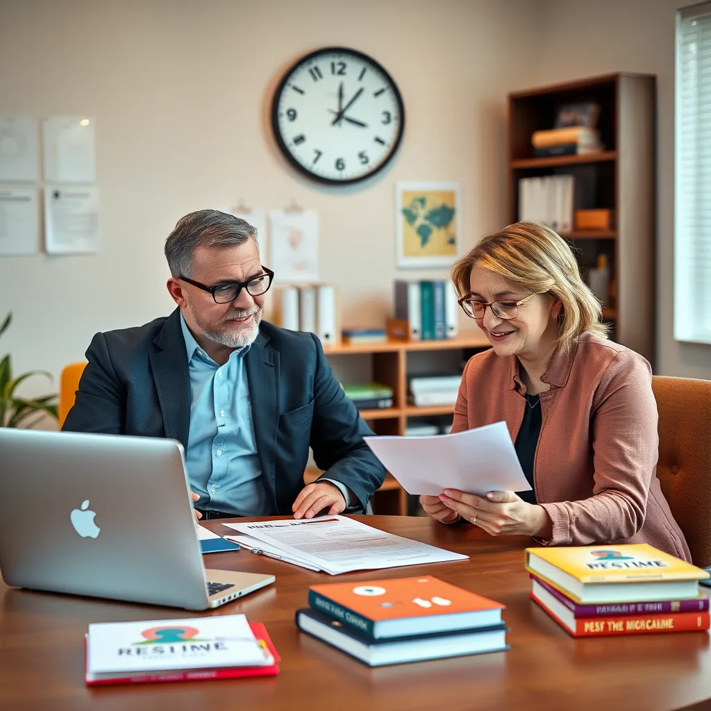 A career counselor sitting with a job seeker in a cozy office setting, reviewing a resume together. Papers, a laptop, and motivational books are on the table, while a wall clock indicates a constructive environment. Bright colors enhance positivity.