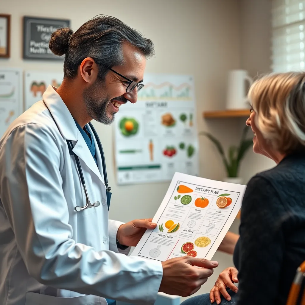 A caring healthcare professional discussing dietary plans with a patient. Focus on a medical office setting, with charts of low carb foods and health icons. Display a warm atmosphere that conveys trust and professionalism.