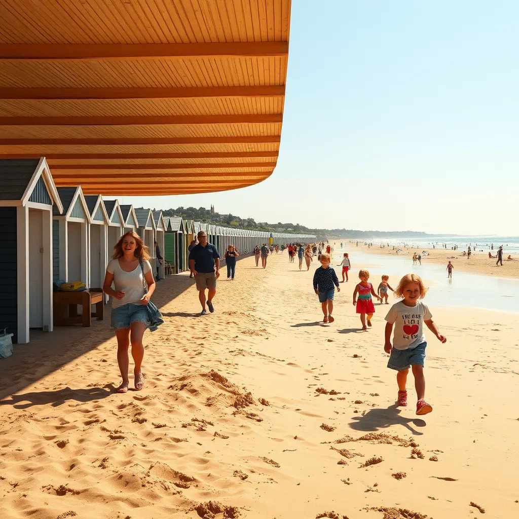 A cheerful beach scene at Bridlington Bay with families walking along the sandy shore, children playing, and beach huts lined up in the background. Capture the warm golden sand, gentle waves, and a bright sunny day to showcase a perfect leisure walk.