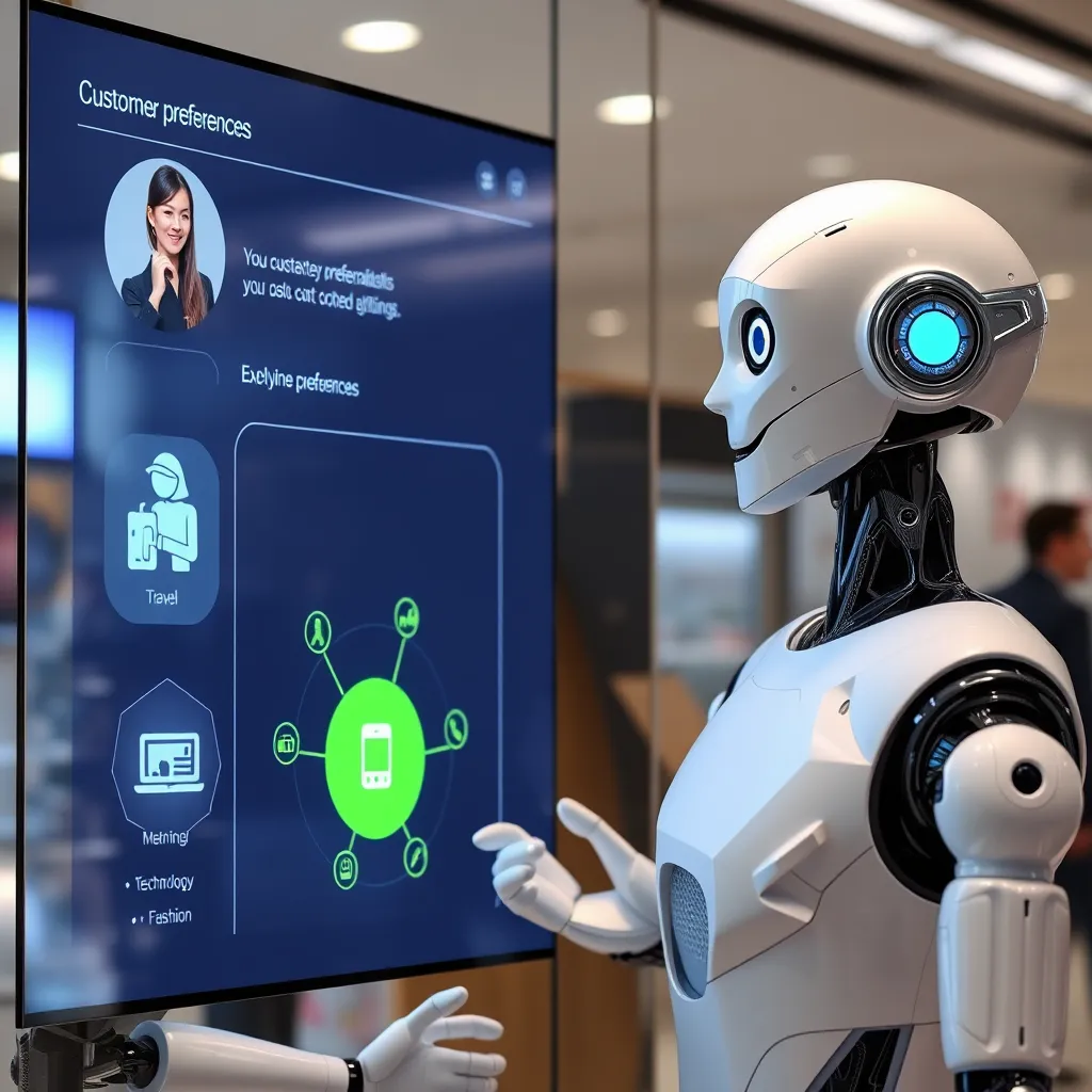 A cheerful chatbot interacting with a customer on a digital screen. The screen displays a visual graph of customer preferences with icons representing different interests such as travel, technology, and fashion, showcasing a personalized touch in customer service.