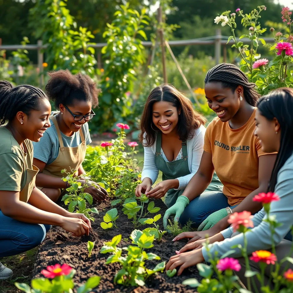 A cheerful group of church volunteers working together in a community garden. They are planting vegetables, smiling, and sharing laughter, surrounded by vibrant greenery and flowers, symbolizing growth and community service.