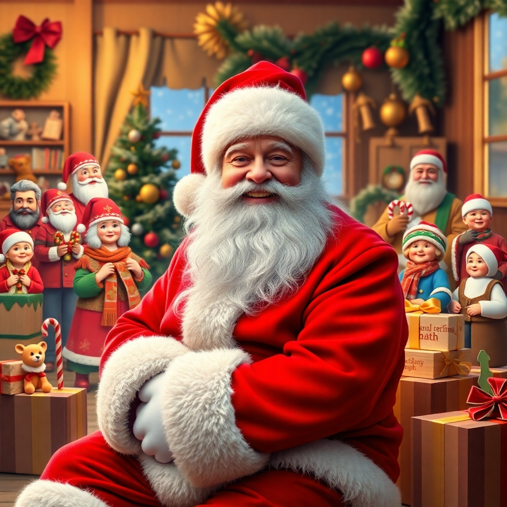 A cheerful Santa Claus in a classic red suit, with a fluffy white beard, sitting in a festive, warmly lit room. Surrounding him are various cultural depictions of Santa from around the world, showing diversity in presentation. Christmas gifts and holiday decor enhance the setting.