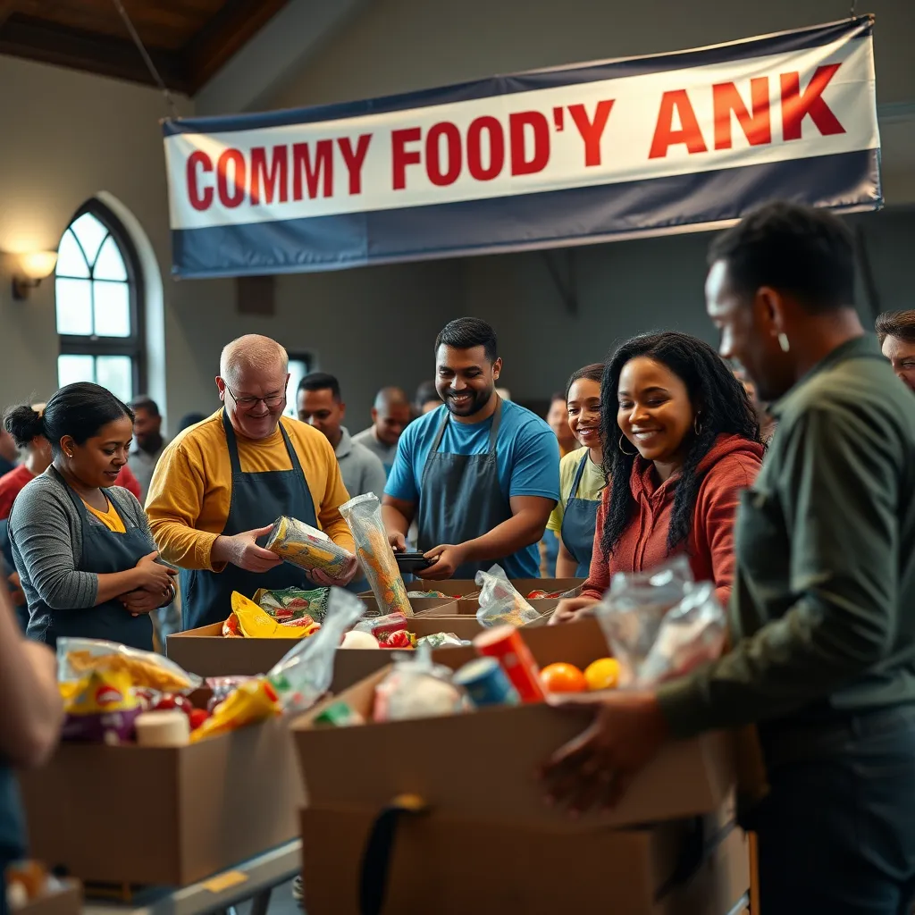 A church community outreach event showcasing volunteers organizing food donations. Participants of various backgrounds are providing assistance, with a banner saying 'Community Food Bank' and boxes of food being shared with smiling families in need.