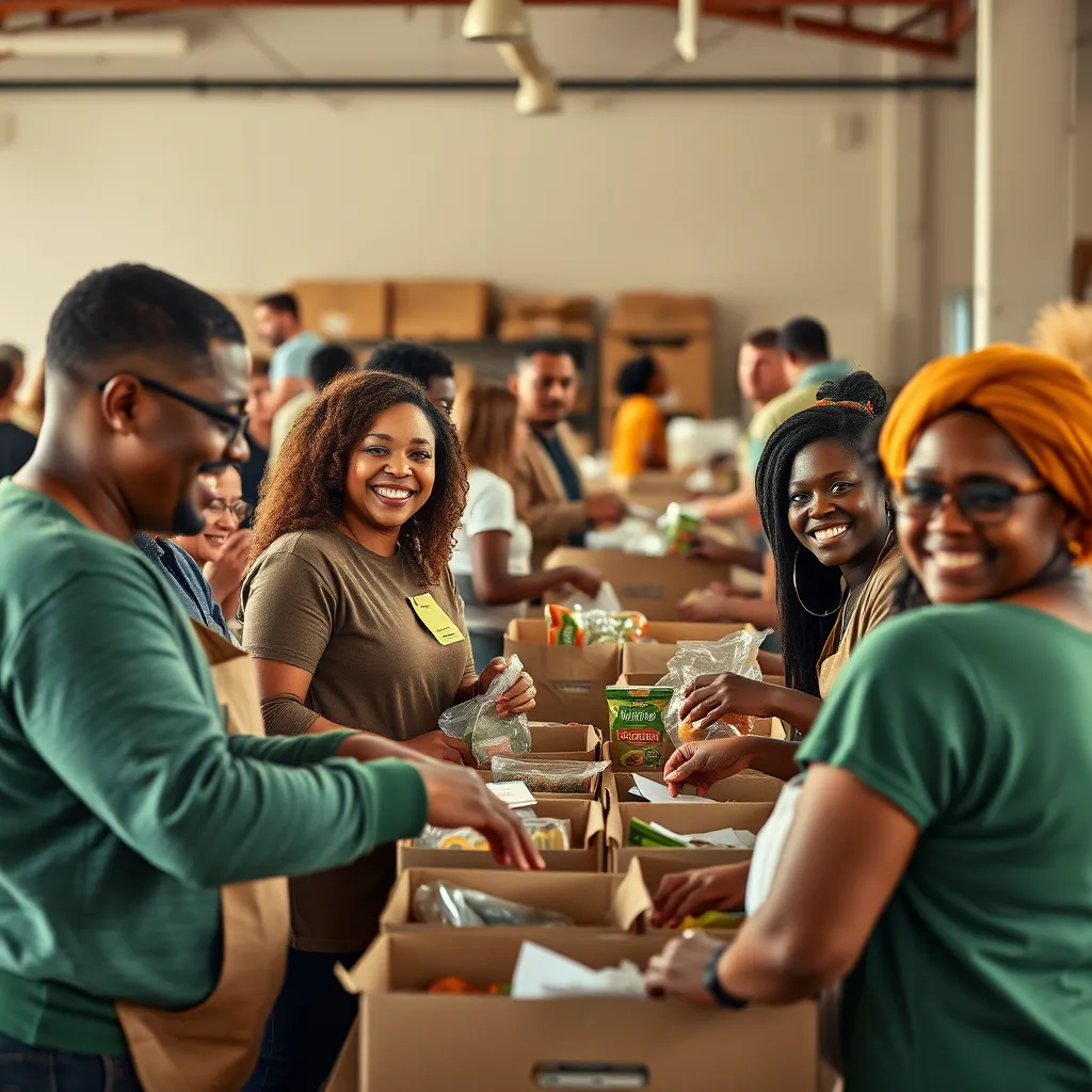 A church group of diverse individuals volunteering at a local food bank, packing meals and engaging with community members. The scene is filled with warmth and camaraderie, showcasing volunteers wearing cheerful expressions as they work together to help those in need.
