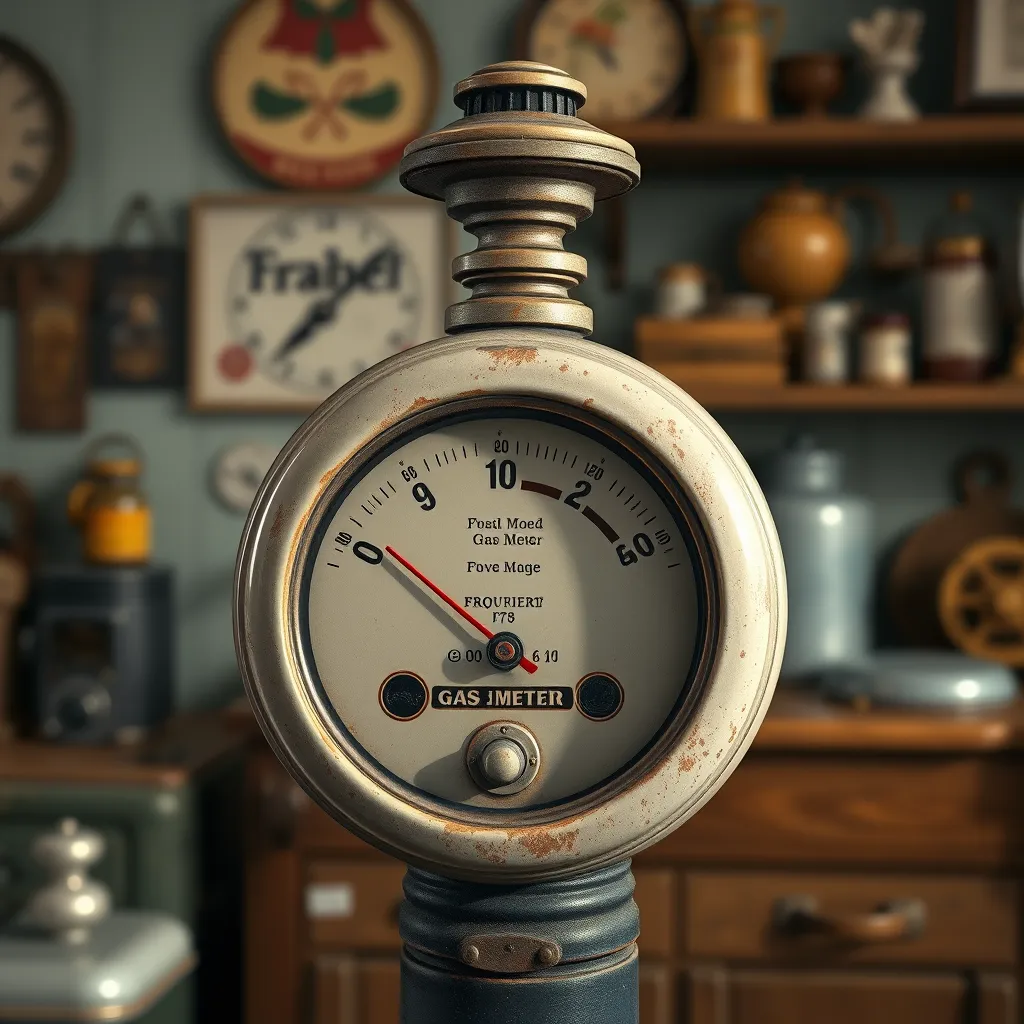 A classic traditional gas meter with visible dials and numbers, set against the backdrop of a vintage kitchen with old-fashioned decor items, giving a nostalgic feel.