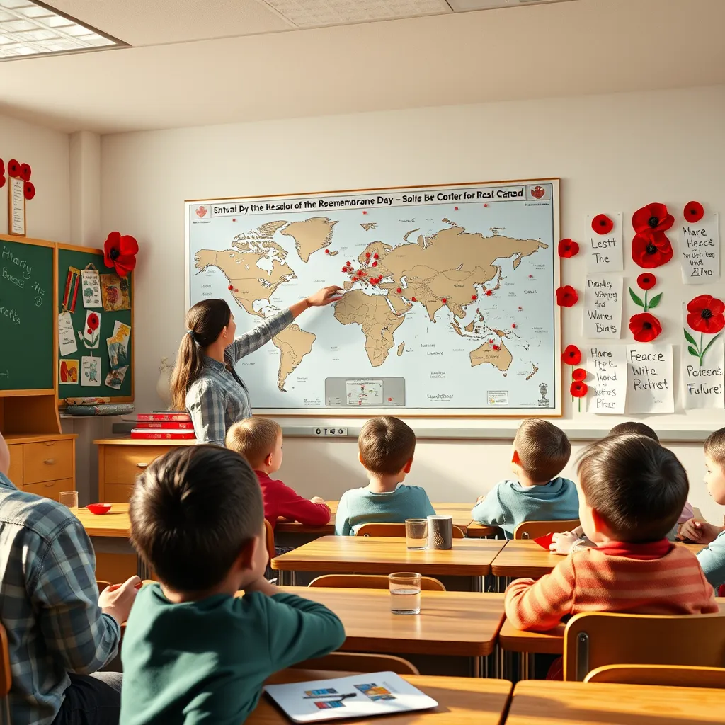 A classroom scene where children are learning about Remembrance Day. An educator points to a world map with historical battle sites marked. The walls are decorated with student art, including poppies and messages of peace, fostering a sense of hope for the future.
