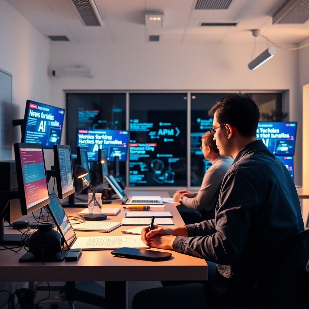 A clean and engaging newsroom setting where writers are diligently crafting articles about AI. The scene is embedded with visuals of digital devices displaying trending news headlines. Soft lighting and splashes of colors from the screens create an atmosphere of creativity and focus, highlighting the importance of quality journalism in the tech industry.