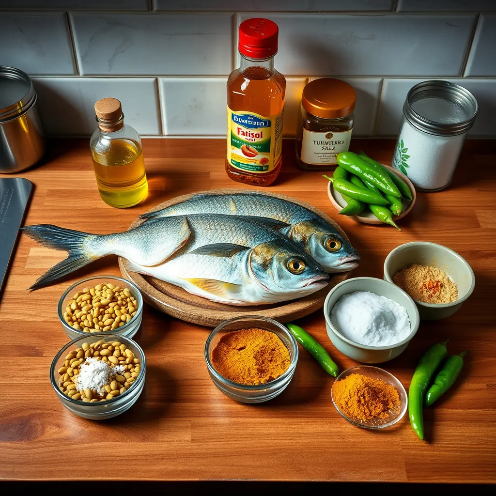 A clean wooden kitchen countertop displaying fresh hilsa fish, mustard seeds, green chilies, a bottle of mustard oil, turmeric powder, and salt. All items are neatly placed in small bowls or containers arranged aesthetically.