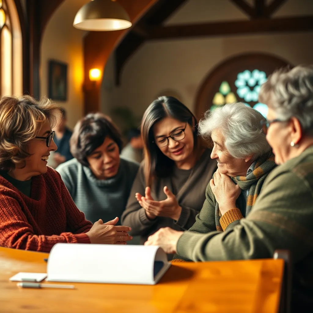 A close-knit group of church members gathered in a cozy setting, sharing stories and offering support. Warm lighting, expressions of empathy, and gestures of comfort, like hugs and hands on shoulders, highlight the bonds of friendship and faith in action.