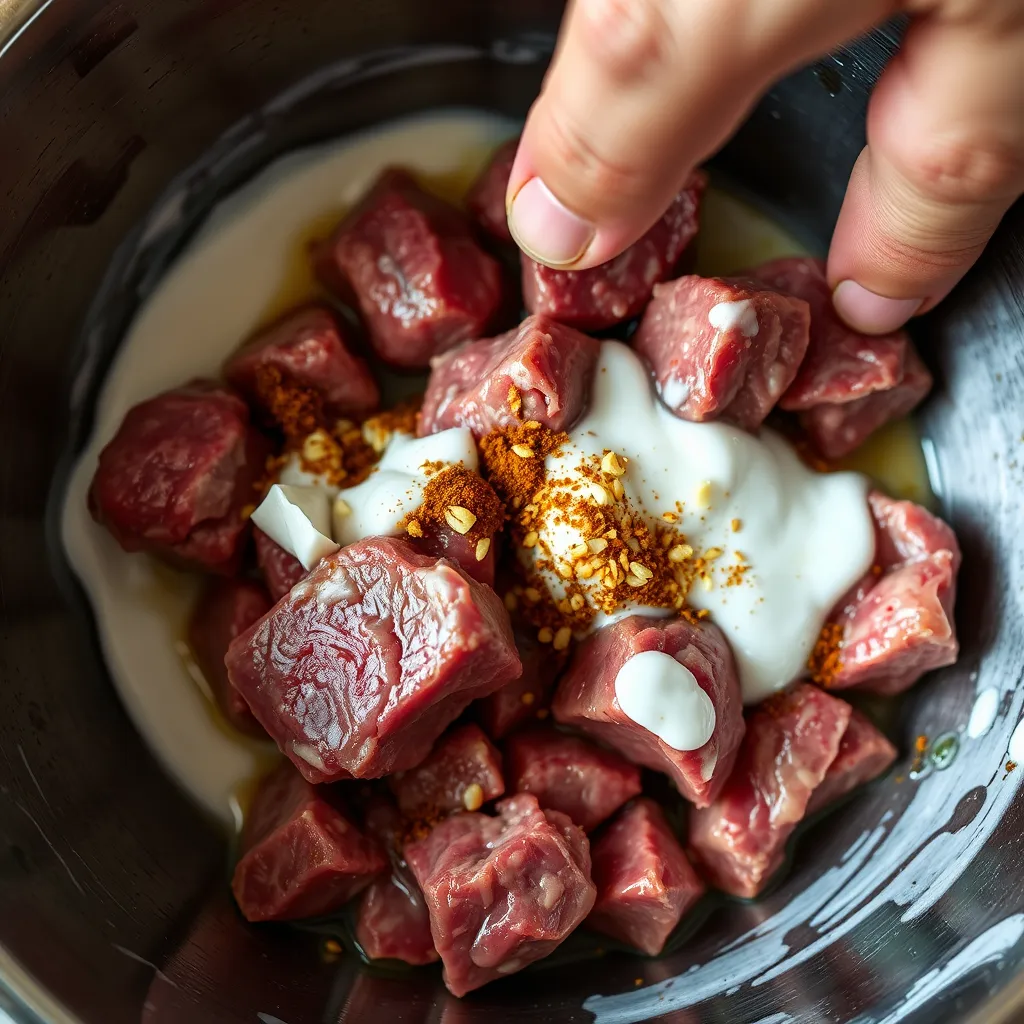 A close-up, photorealistic image of a bowl containing chunks of beef being mixed with yogurt, minced garlic, ginger paste, and spices. The beef should be thoroughly coated, and the marination process should be visibly detailed, with hands in the process of mixing the ingredients.