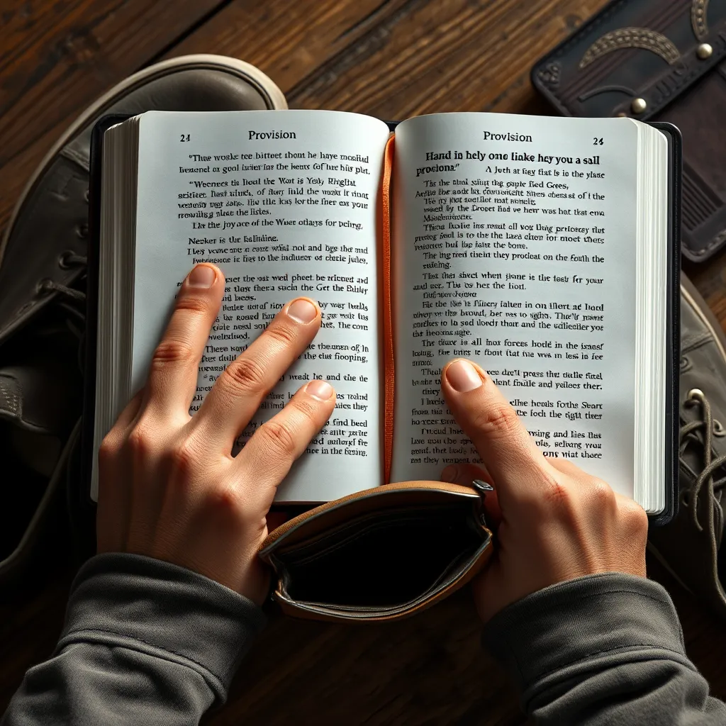 A close-up image of hands holding an open Bible with highlighted verses about provision, surrounded by a pair of worn-out shoes and a small wallet that appears empty, symbolizing financial struggles and the search for spiritual guidance.