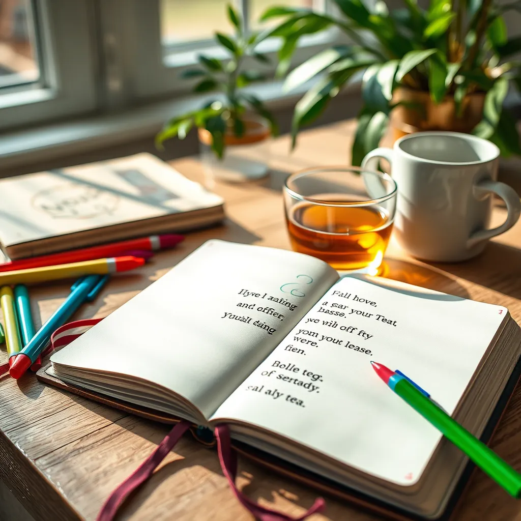 A close-up of a beautifully designed journal with an open page featuring a motivational Bible verse. Colorful markers and a cup of herbal tea are placed nearby, set against a cozy, inspiring workspace filled with natural light and greenery.