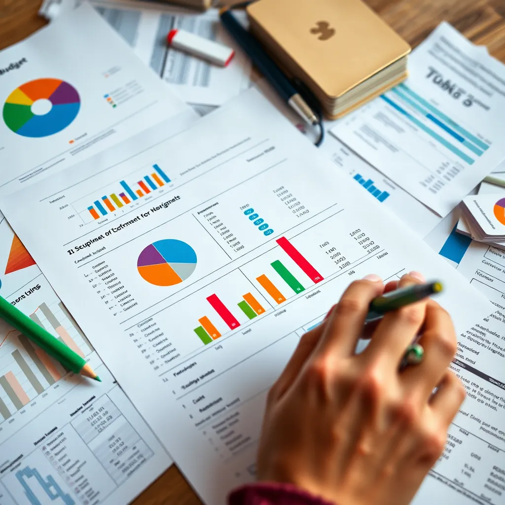 A close-up of a budgeting worksheet filled with colorful pie charts and financial data. Show hands writing a budget with colorful pens, surrounded by various financial documents like bank statements and receipts. The environment should feel inviting and supportive.