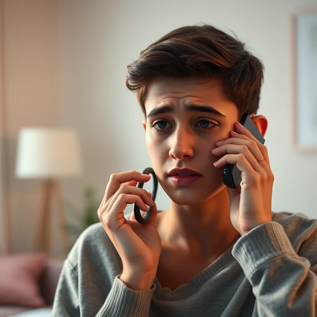 A close-up of a concerned young adult holding a phone to their ear, looking relieved as they have a calm conversation. The background shows a softly lit room with a soothing color palette, suggesting a safe space to share feelings.