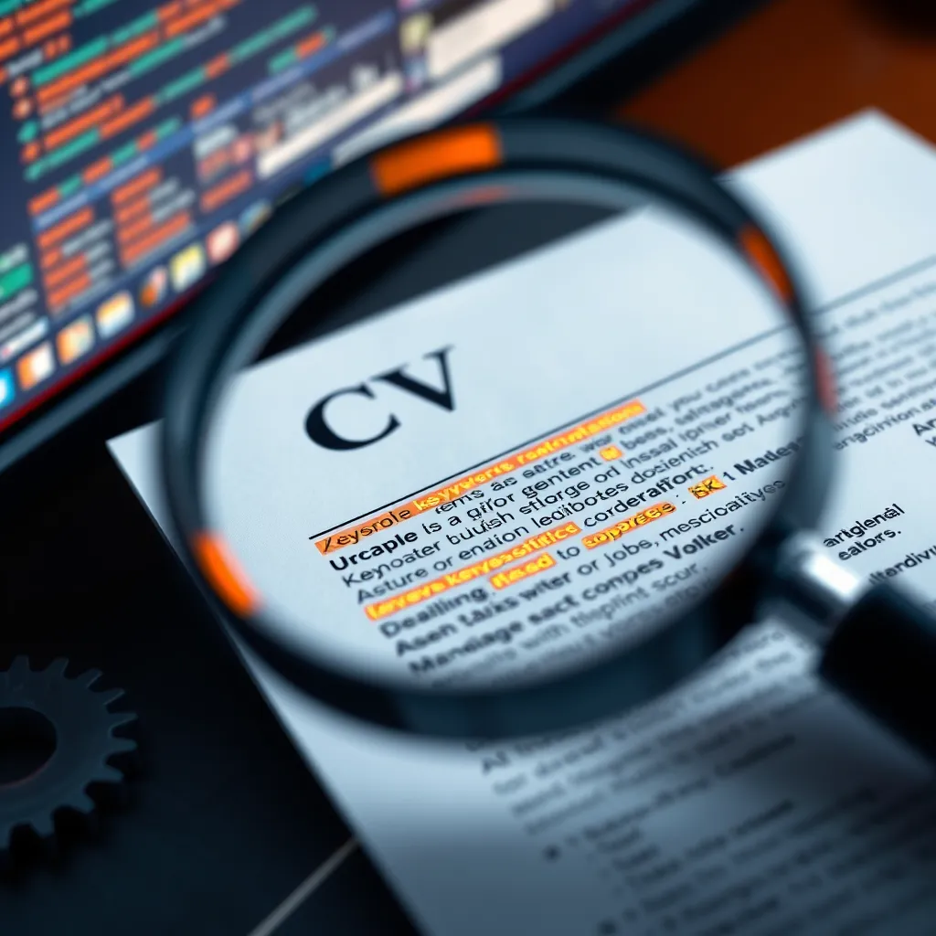 A close-up of a CV with highlighted keywords throughout the text. Surrounding the CV are visual representations of a magnifying glass and gears, symbolizing how keywords help in search and relevance. Show a computer screen in the background to indicate technology's role in the process.