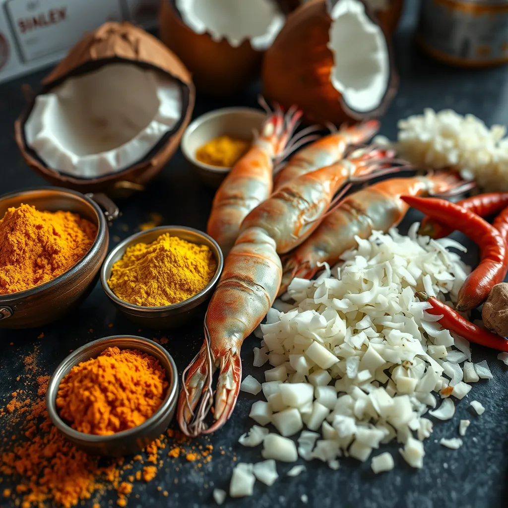 A close-up of a kitchen countertop featuring raw prawns, freshly cracked open coconuts, powdered spices like turmeric and red chili, finely chopped onions, minced garlic, and freshly grated ginger.