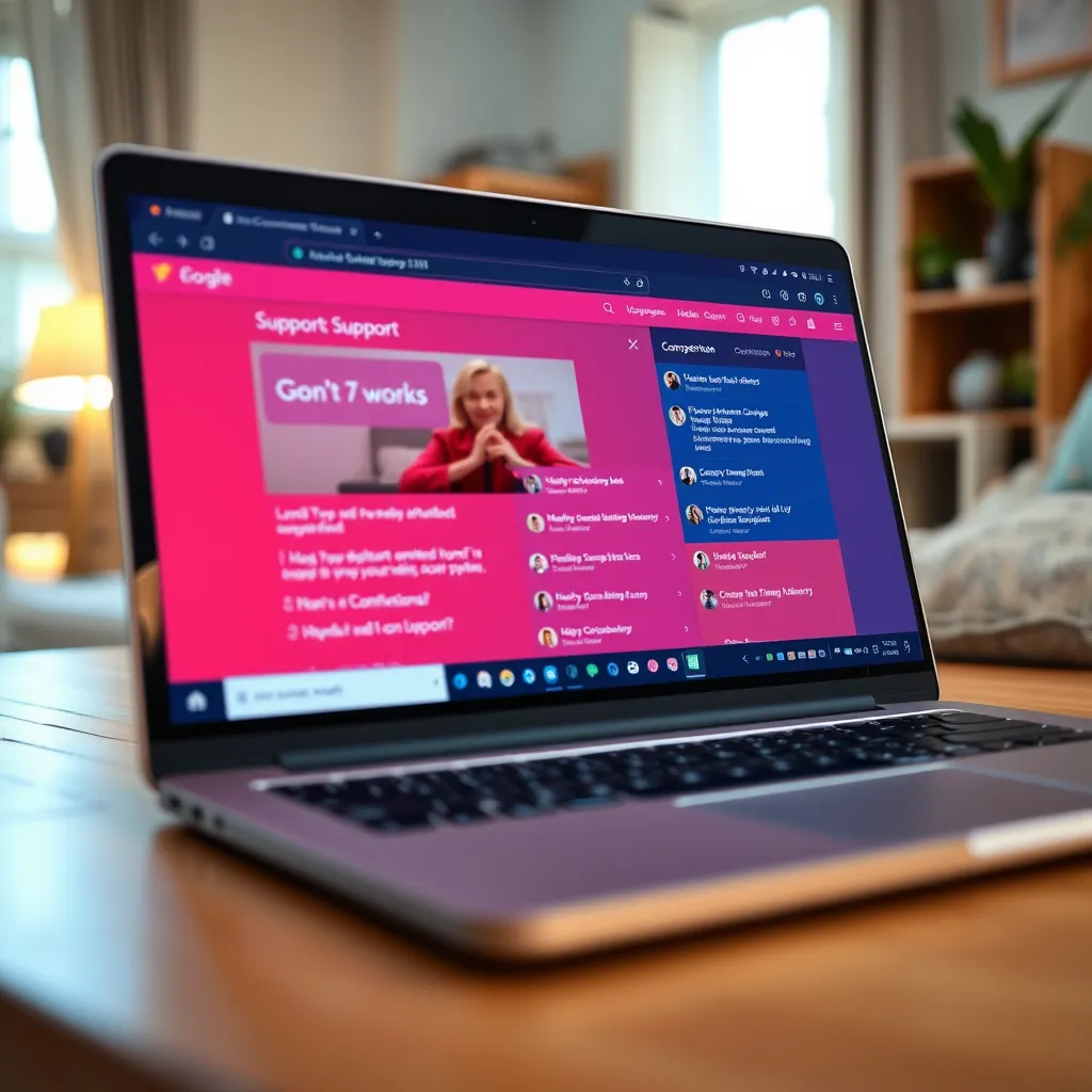 A close-up of a laptop screen displaying a vibrant online support forum. The interface is filled with positive comments and supportive messages. The background showcases a cozy home environment, suggesting a relaxed atmosphere, emphasizing the comfort of online connection.