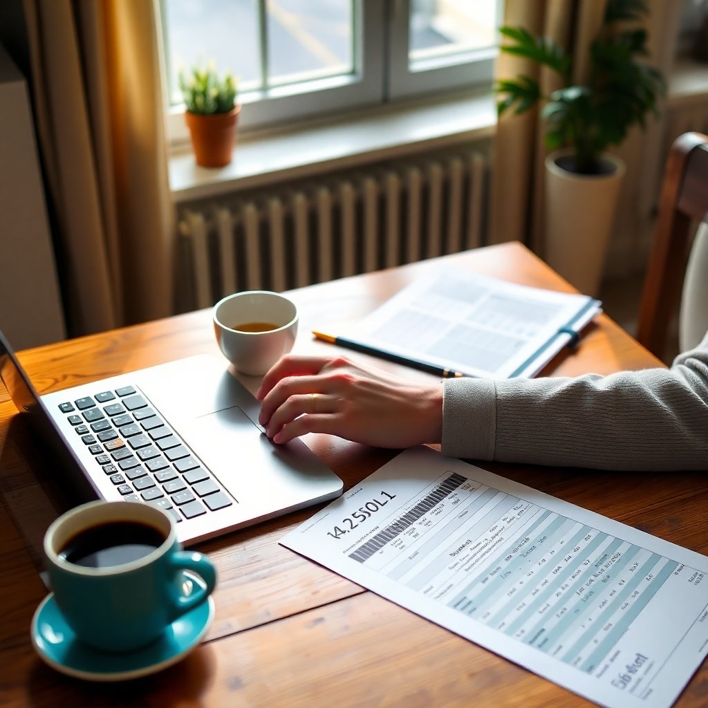 A close-up of a person calculating a budget at a wooden table with a laptop, coffee, and financial documents. Soft natural light spills in from a nearby window, highlighting the person’s focused expression and creating a sense of calm and diligence.