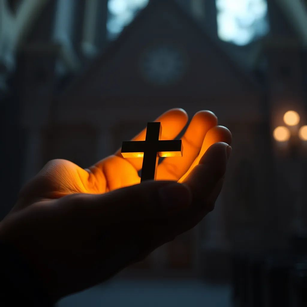  A close-up of a person grasping a small, glowing cross in their hands, with a soft-focus background of a church. The warm light emanating from the cross symbolizes faith, hope, and spiritual connection, with gentle shadows enhancing the atmosphere of tranquility and devotion.