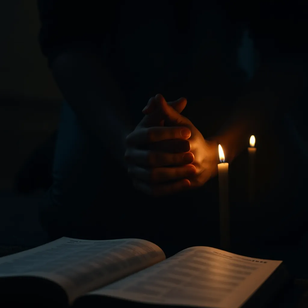 A close-up of a person kneeling in a dimly lit room, hands clasped in prayer. An open Bible in front of them with soft candlelight illuminating the pages, creating a peaceful and reflective atmosphere. Warm shadows adding depth to the scene.
