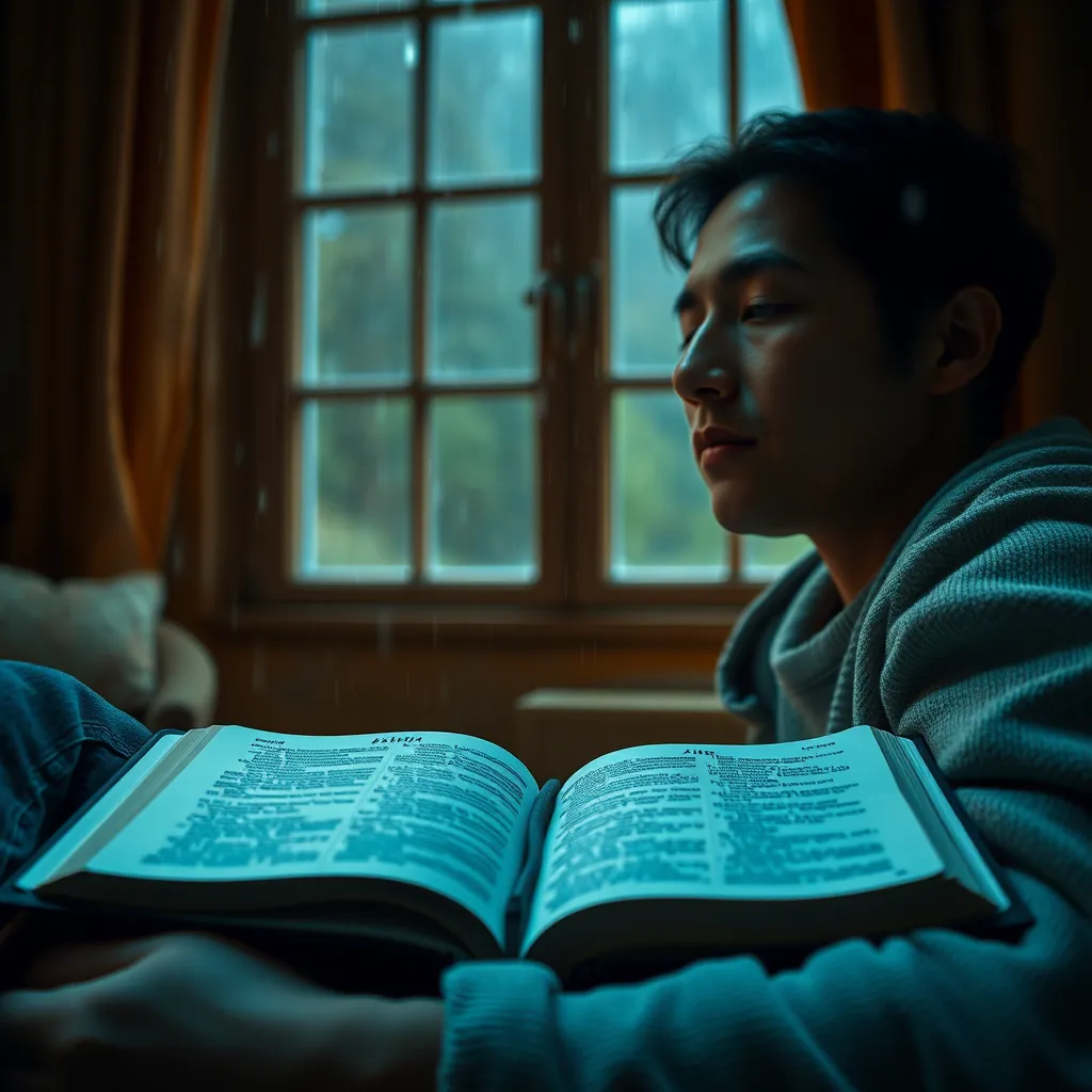 A close-up of a person sitting quietly in a cozy, softly lit room, holding a Bible open on their lap, with a contemplative expression. The background shows a window with rain pouring down, symbolizing challenges faced with faith and reflection.