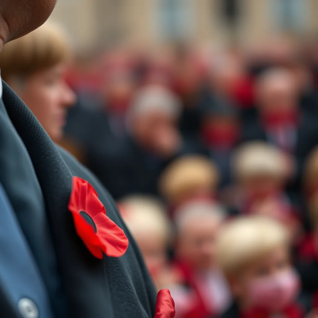 A close-up of a person wearing a red poppy pinned to their lapel against a blurred background of a commemorative event. The image captures the vibrant red of the flower contrasted with the somber tone of the occasion, highlighting the importance of remembrance.