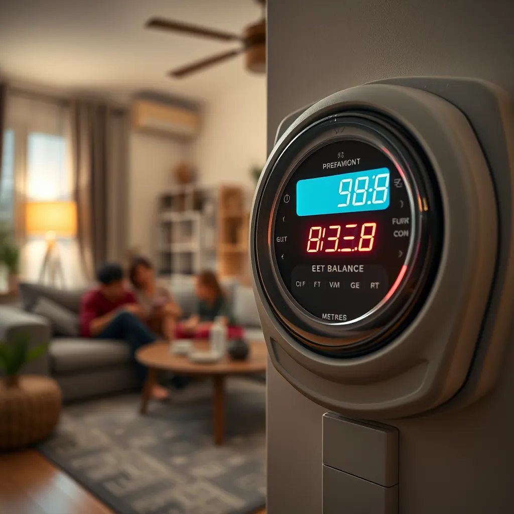 A close-up of a prepayment energy meter with a bright digital screen showing remaining balance, placed in a cozy living room setting with family members interacting and enjoying activities.