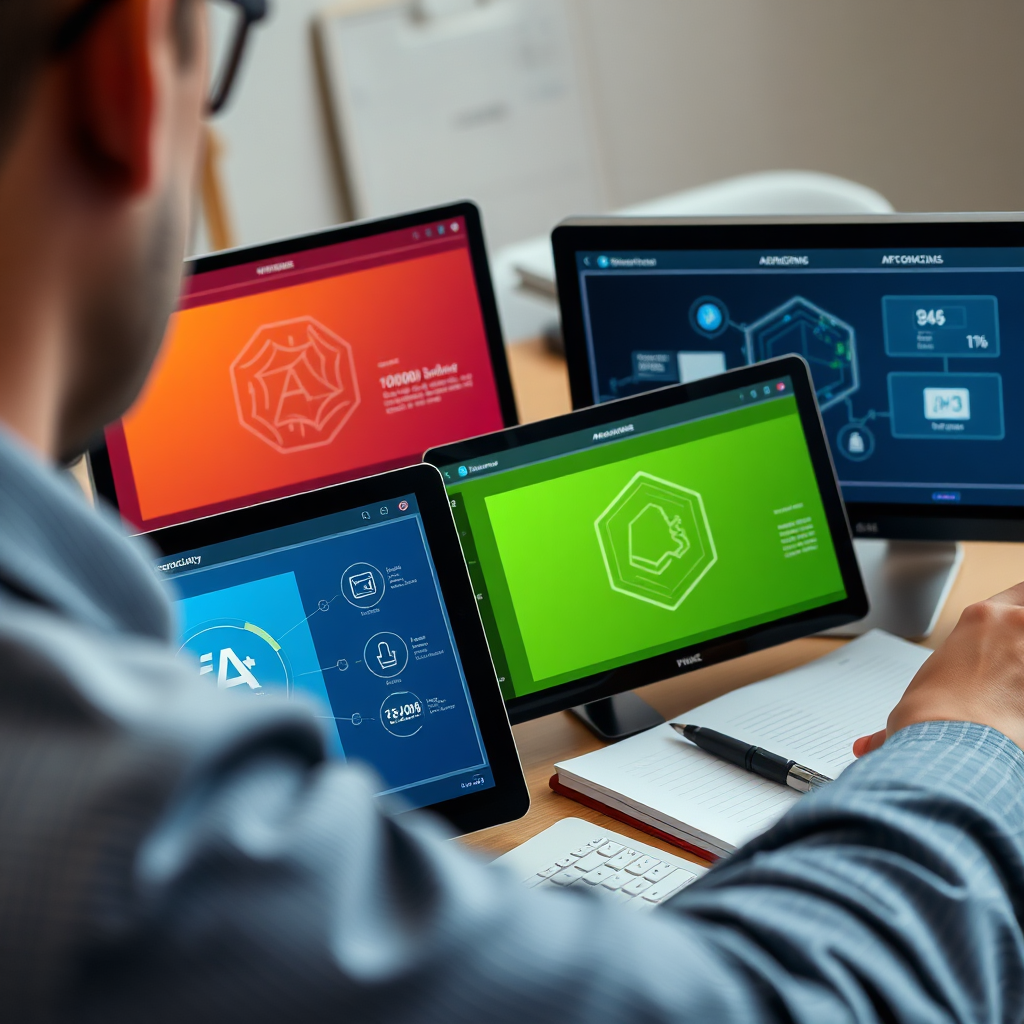 A close-up of a professional’s workspace with three AI tool interfaces open, each represented by unique design motifs indicating their specialties. The clean design and bright interface visuals highlight their importance. The camera angle is slightly above eye level for an overview shot, showcasing workflows. The textures mix high-definition screens with tangible elements like notebooks, reinforcing integration.