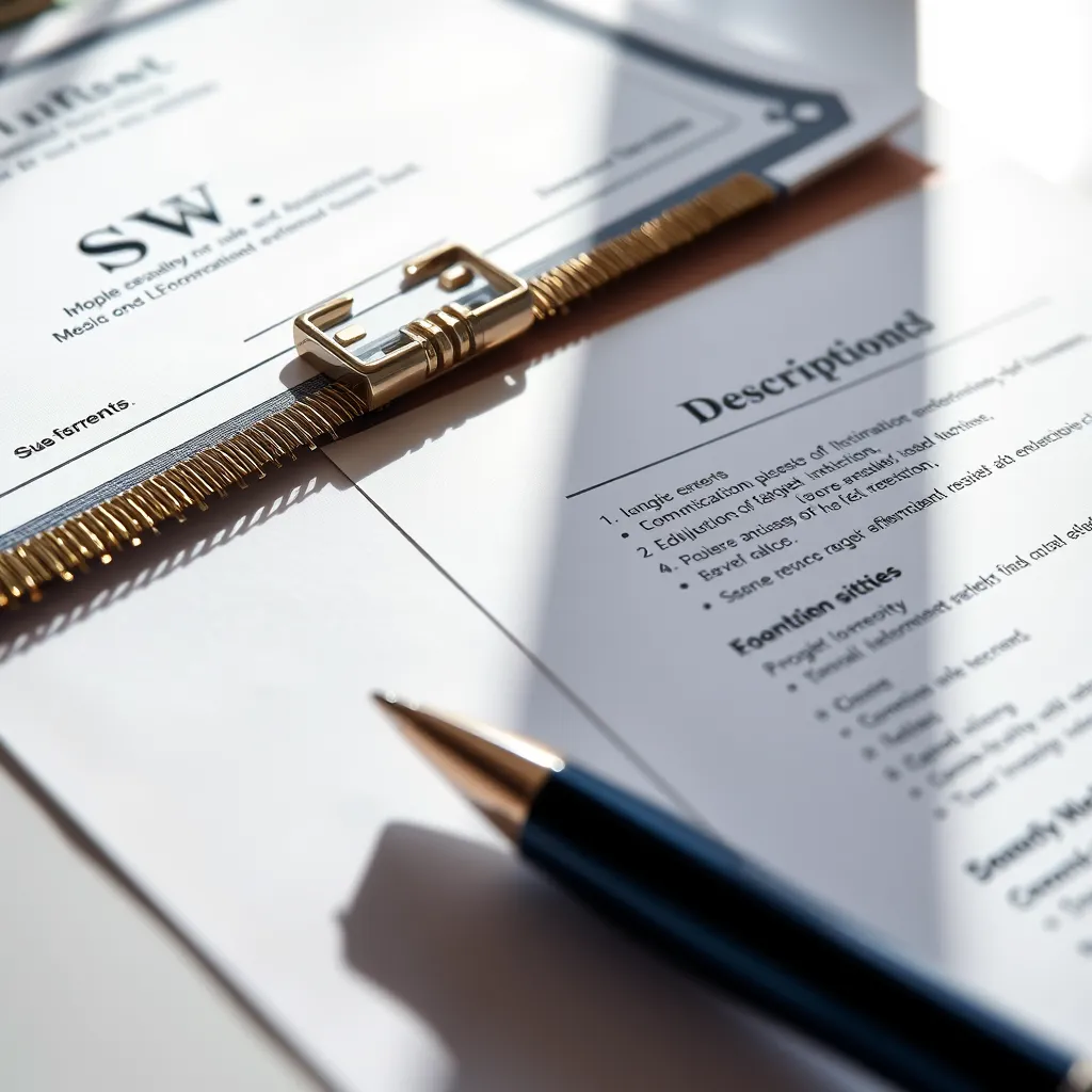 A close-up of a qualification certificate being placed on a CV. Next to it, a job description clearly showing the requirements. Bright lighting enhances the focus on the documents, conveying professionalism.